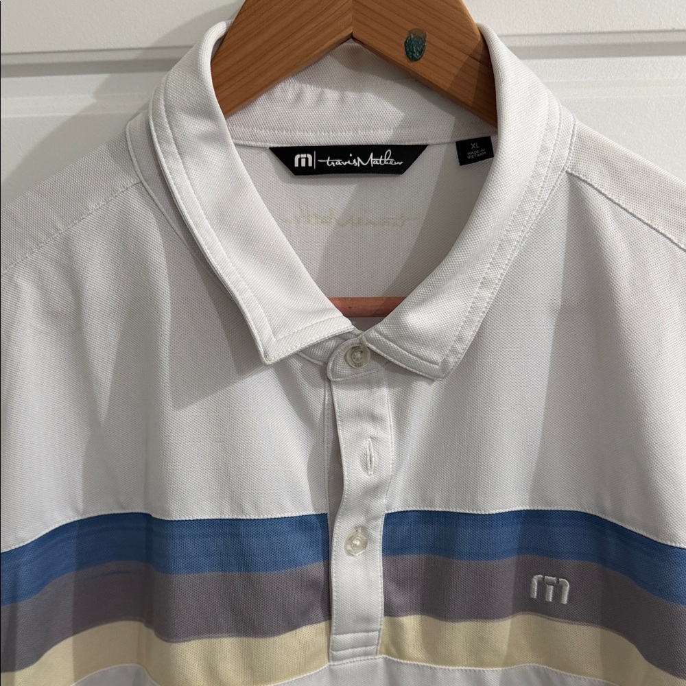 Travis Mathew Men's Polo with Blue, Gray, and Yellow Stripes